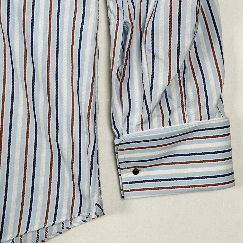 Ermenegildo Zegna Dress Shirt Mens 17 French Cuffs Blue Brown Stripe Long Sleeve - Picture 4 of 9